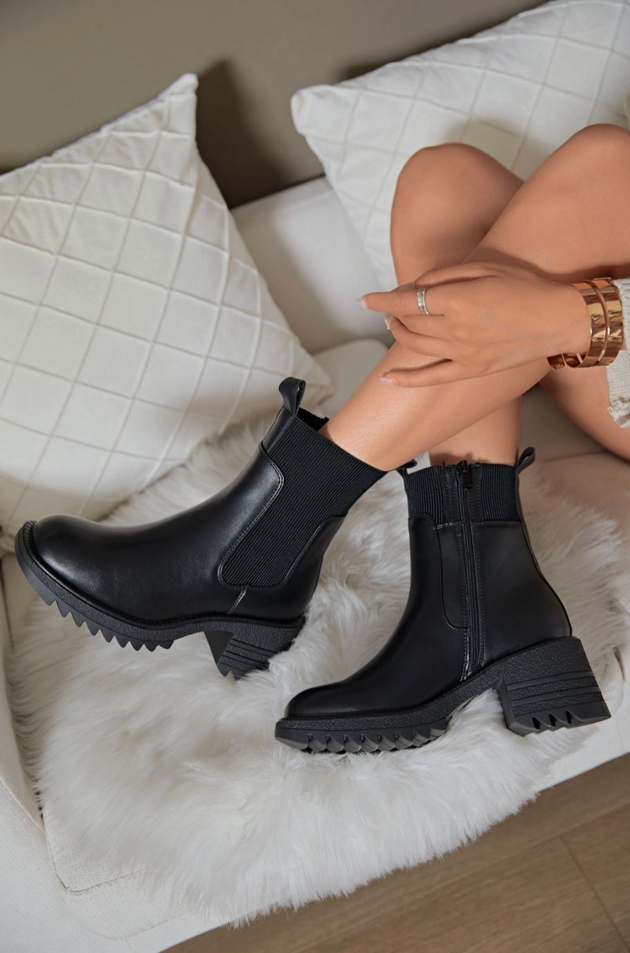 ESTHER Chunky Heel Square Black Ankle Sock Boots