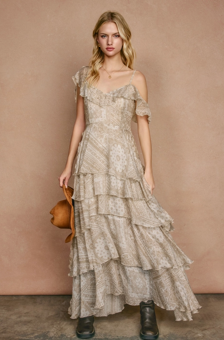 SERENE Faded Walnut Asymmetrical Flowy Tiered Maxi Dress in