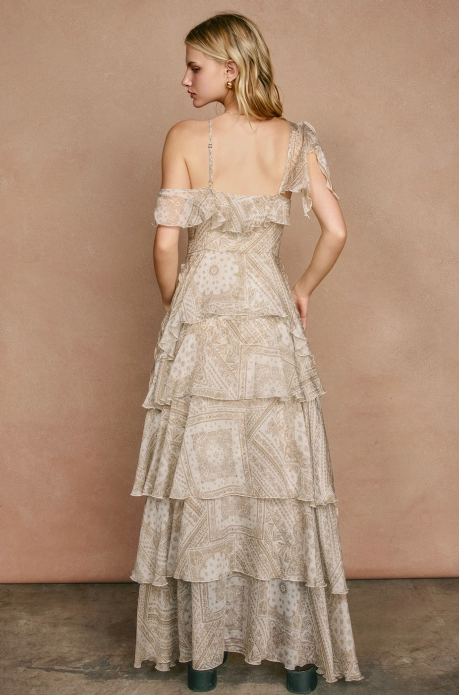 SERENE Faded Walnut Asymmetrical Flowy Tiered Maxi Dress in Bandana Print