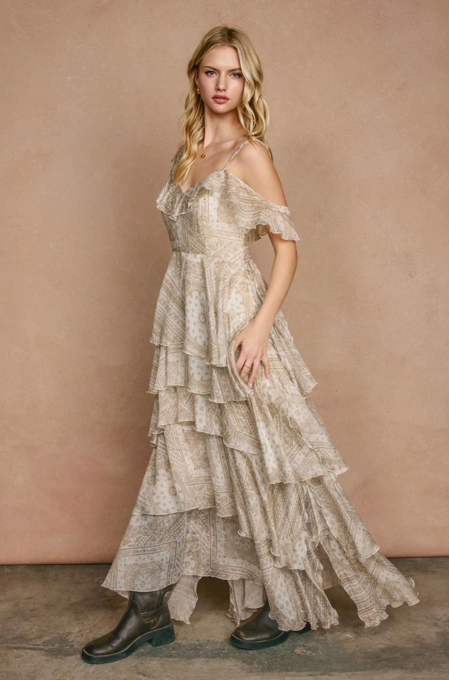 SERENE Faded Walnut Asymmetrical Flowy Tiered Maxi Dress in Bandana Print
