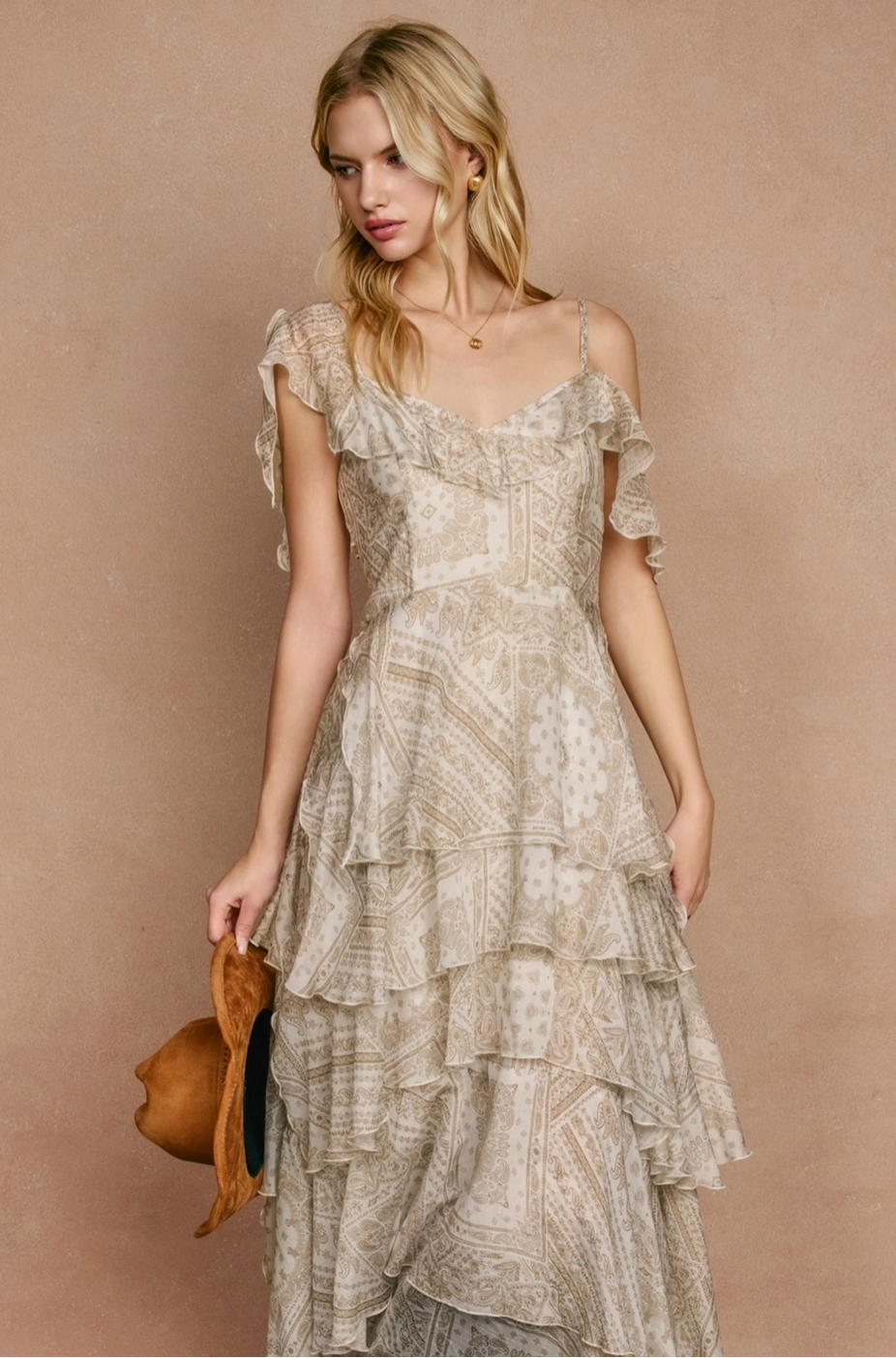 SERENE Faded Walnut Asymmetrical Flowy Tiered Maxi Dress in Bandana Print