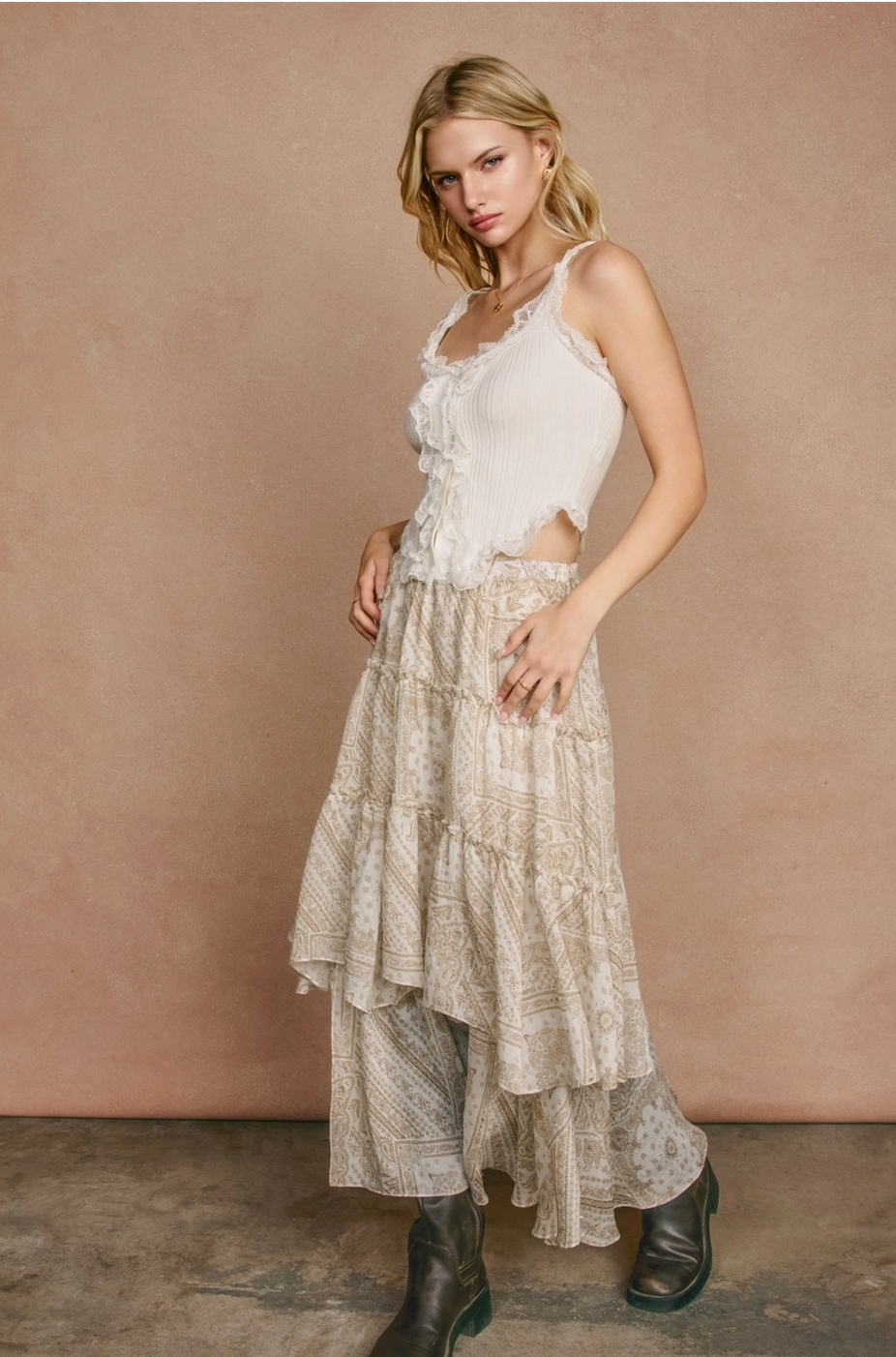 SERENE Faded Walnut Asymmetrical Flowy Tiered Split Skirt in Bandana Print