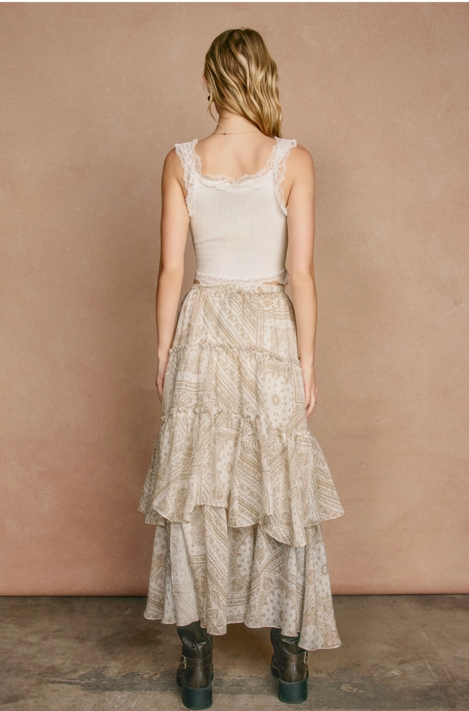 SERENE Faded Walnut Asymmetrical Flowy Tiered Split Skirt in Bandana Print