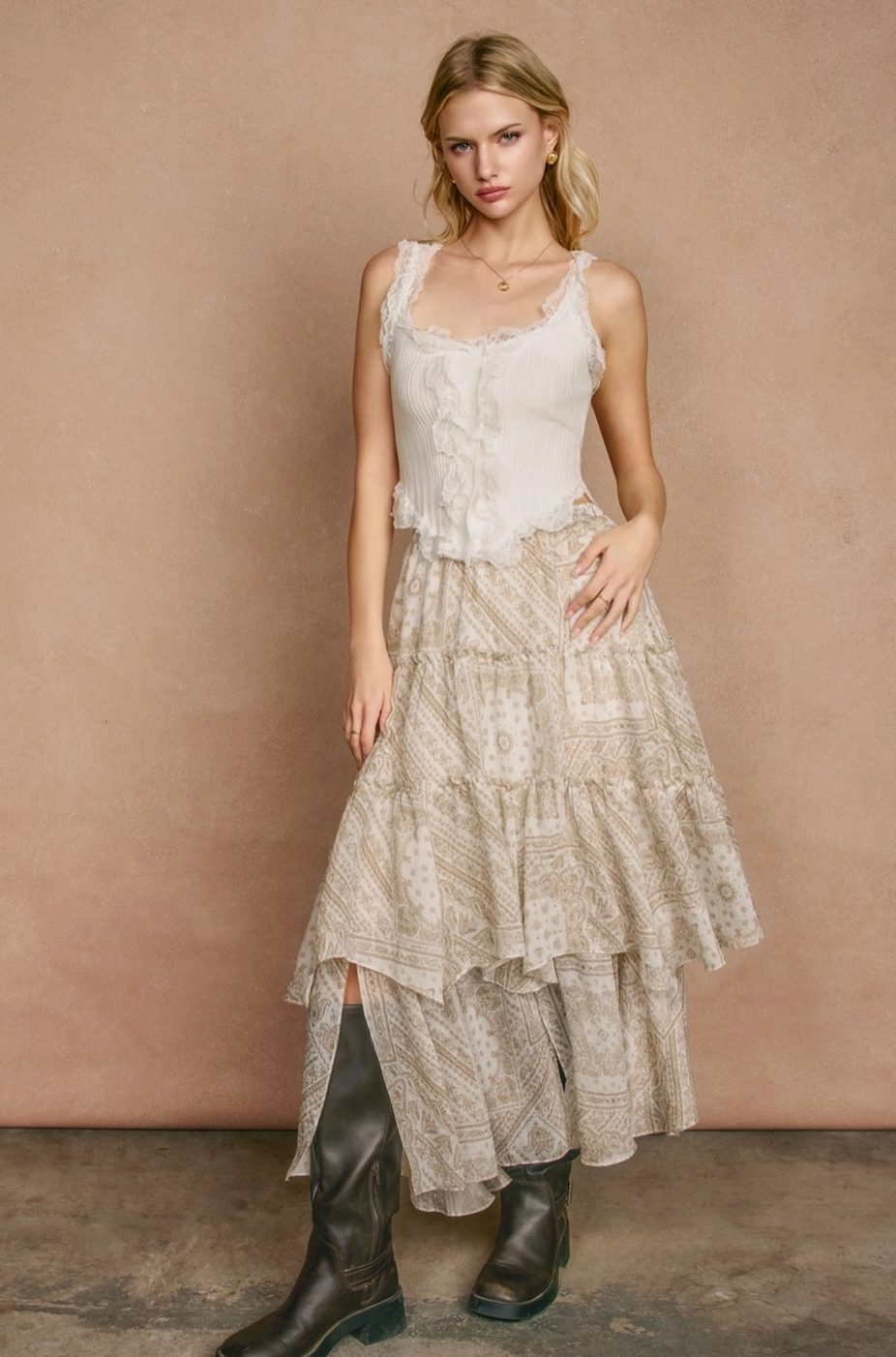 SERENE Faded Walnut Asymmetrical Flowy Tiered Split Skirt in Bandana Print