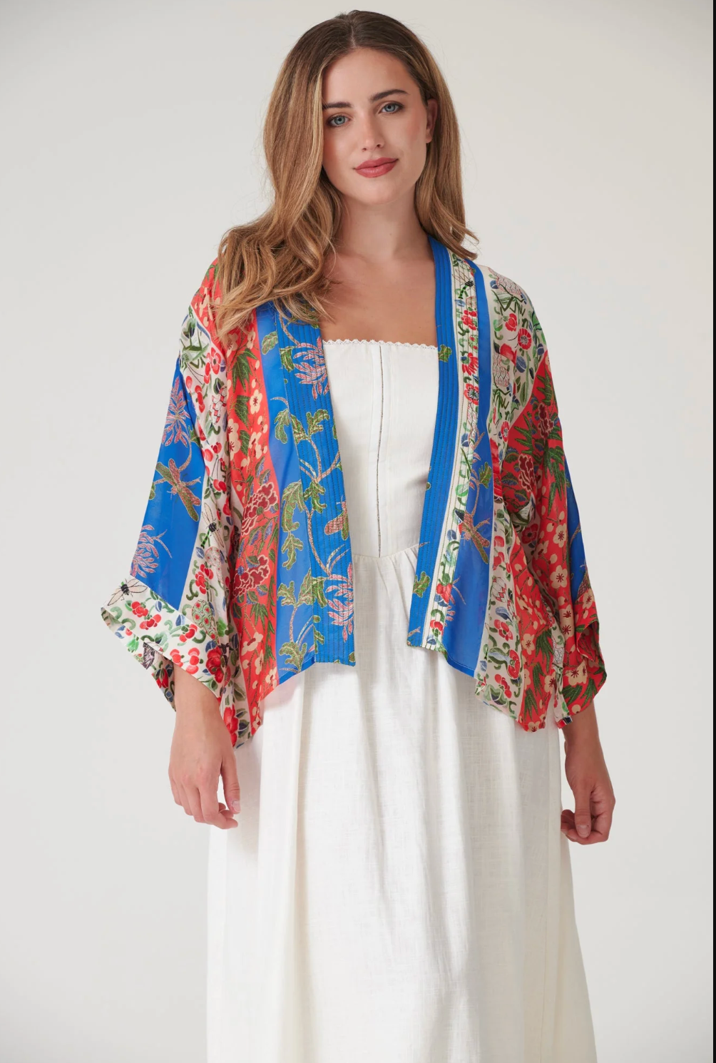 One Hundred Stars Lightweight Short Kimono in Cobalt Ribbons Print - KIMRIBCOB