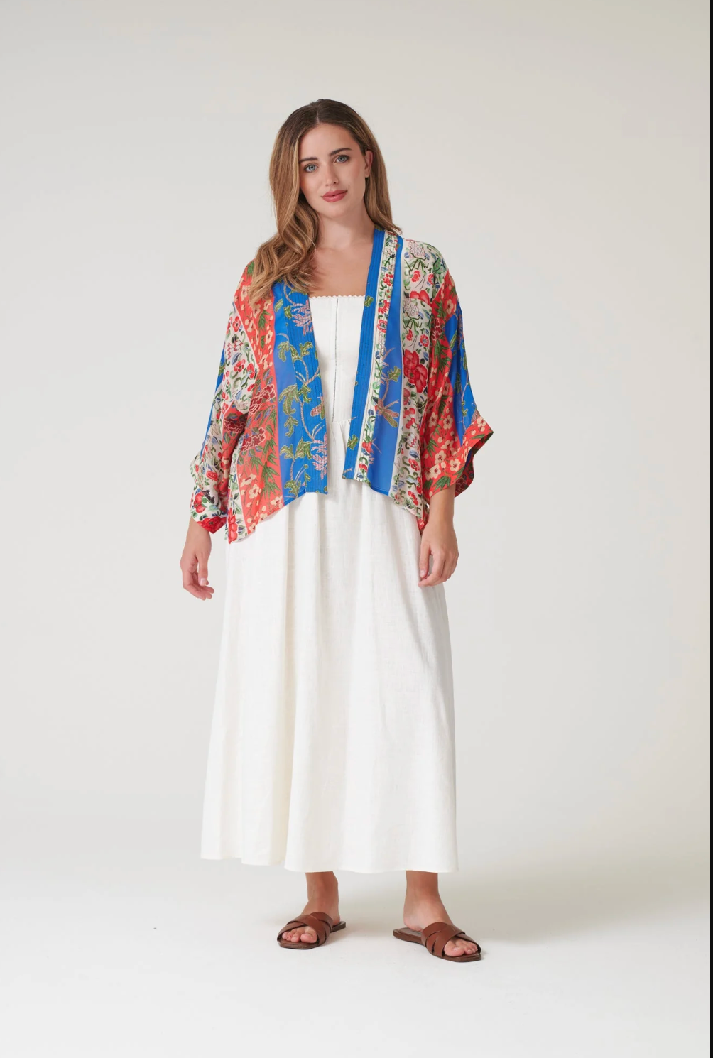 One Hundred Stars Lightweight Short Kimono in Cobalt Ribbons Print - KIMRIBCOB