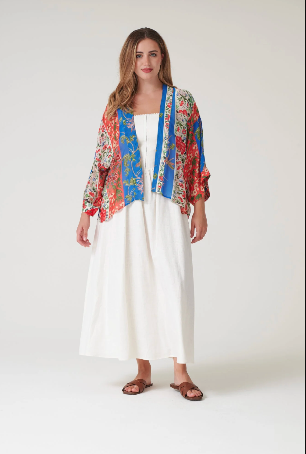 One Hundred Stars Lightweight Short Kimono in Cobalt Ribbons Print - KIMRIBCOB