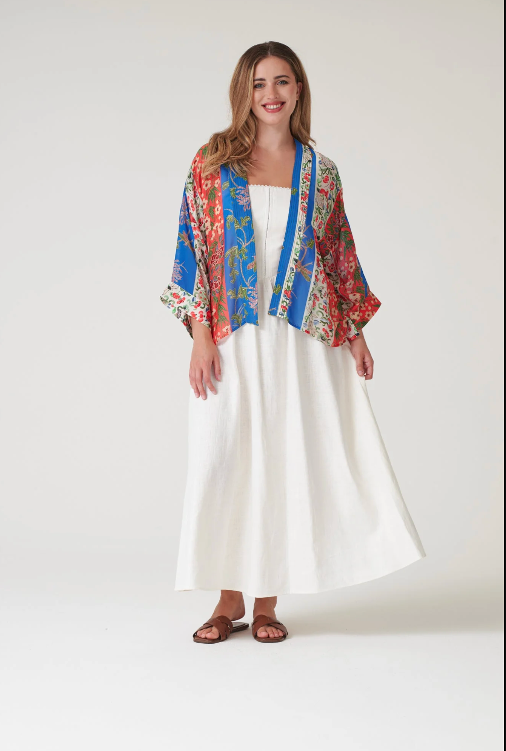 One Hundred Stars Lightweight Short Kimono in Cobalt Ribbons Print - KIMRIBCOB