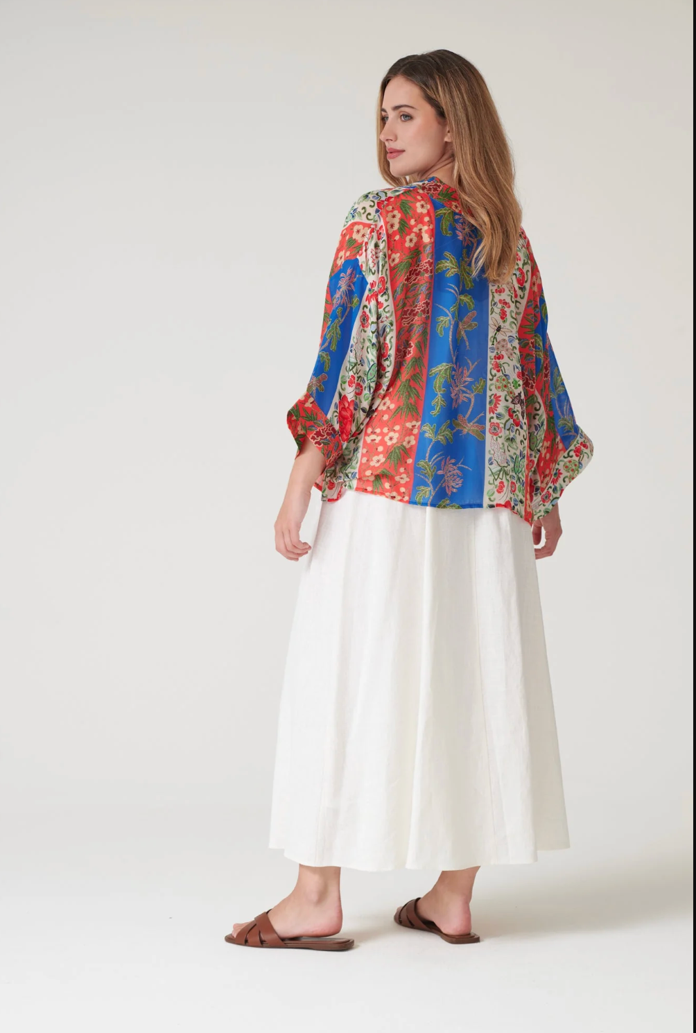 One Hundred Stars Lightweight Short Kimono in Cobalt Ribbons Print - KIMRIBCOB