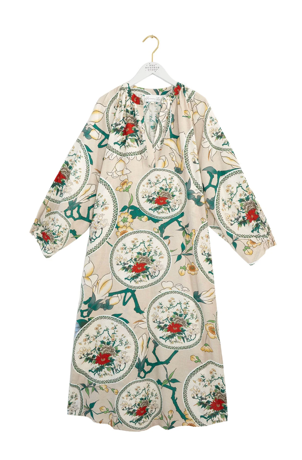 One Hundred Stars Linen Raglan Dress in Putty Magnolia Plates- DRGMAGPUT