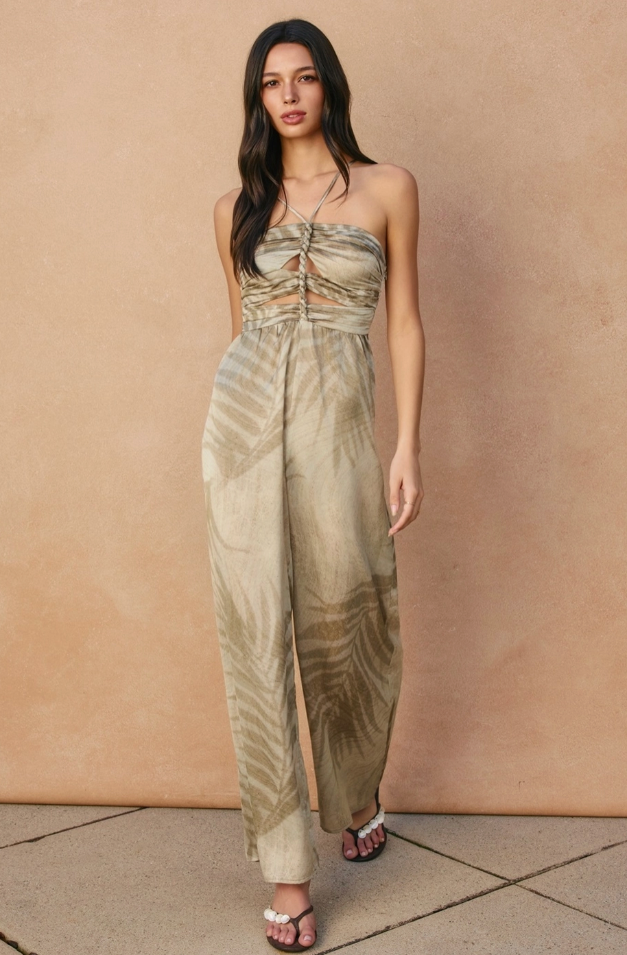 ROMANCE Braided Detail Cut Out Jumpsuit in Seafoam Tropical Print