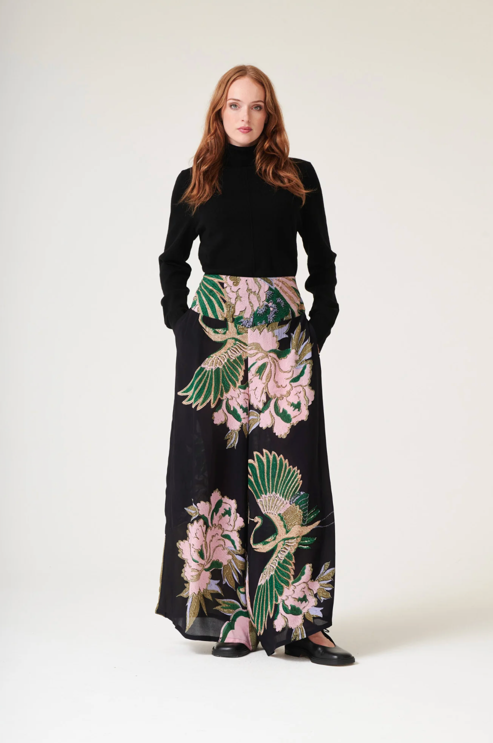 Crepe Palazzo Trousers in Emerald Crane Print by One Hundred Stars - PPCCRAEML