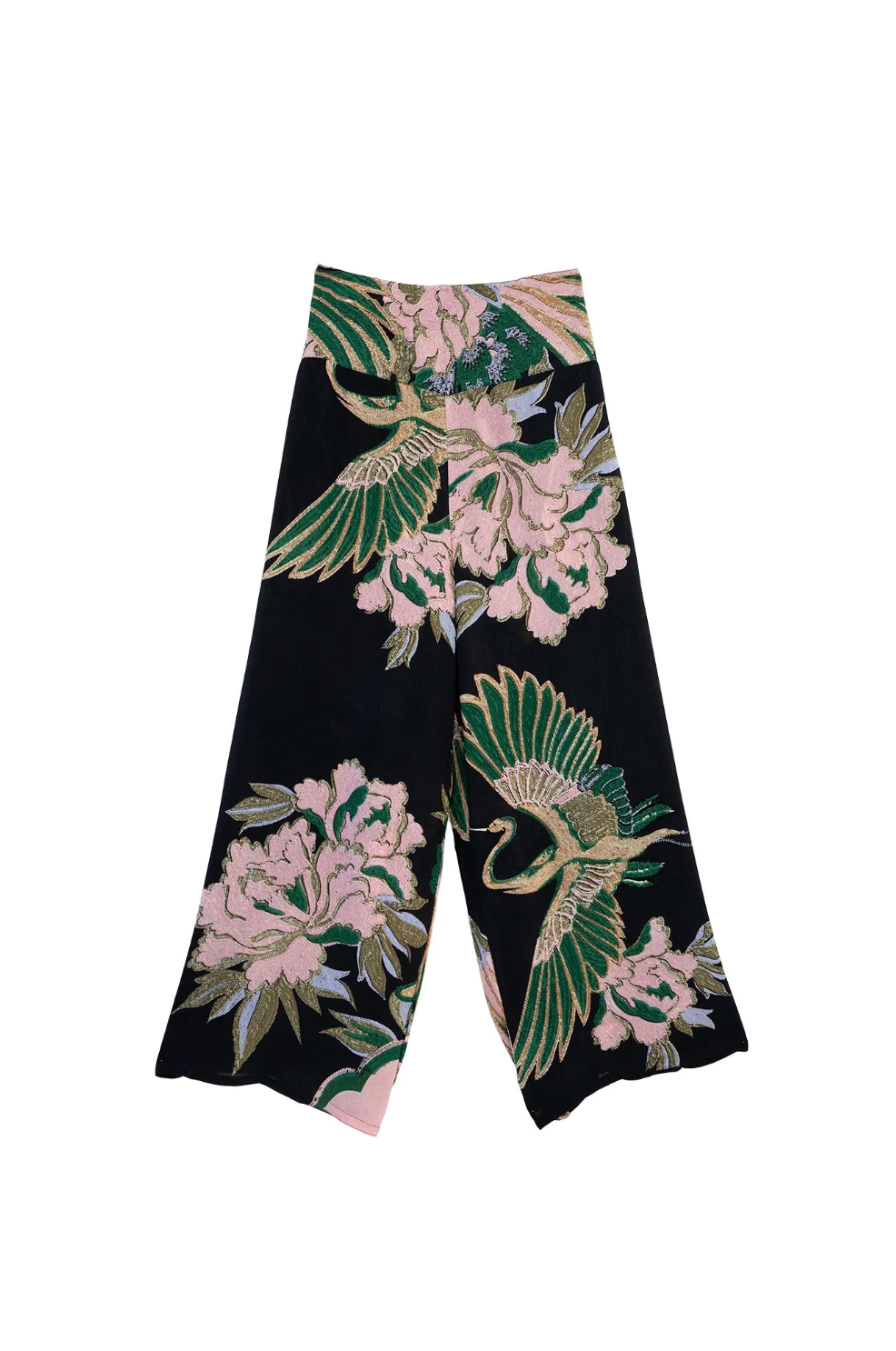 Crepe Palazzo Trousers in Emerald Crane Print by One Hundred Stars - PPCCRAEML