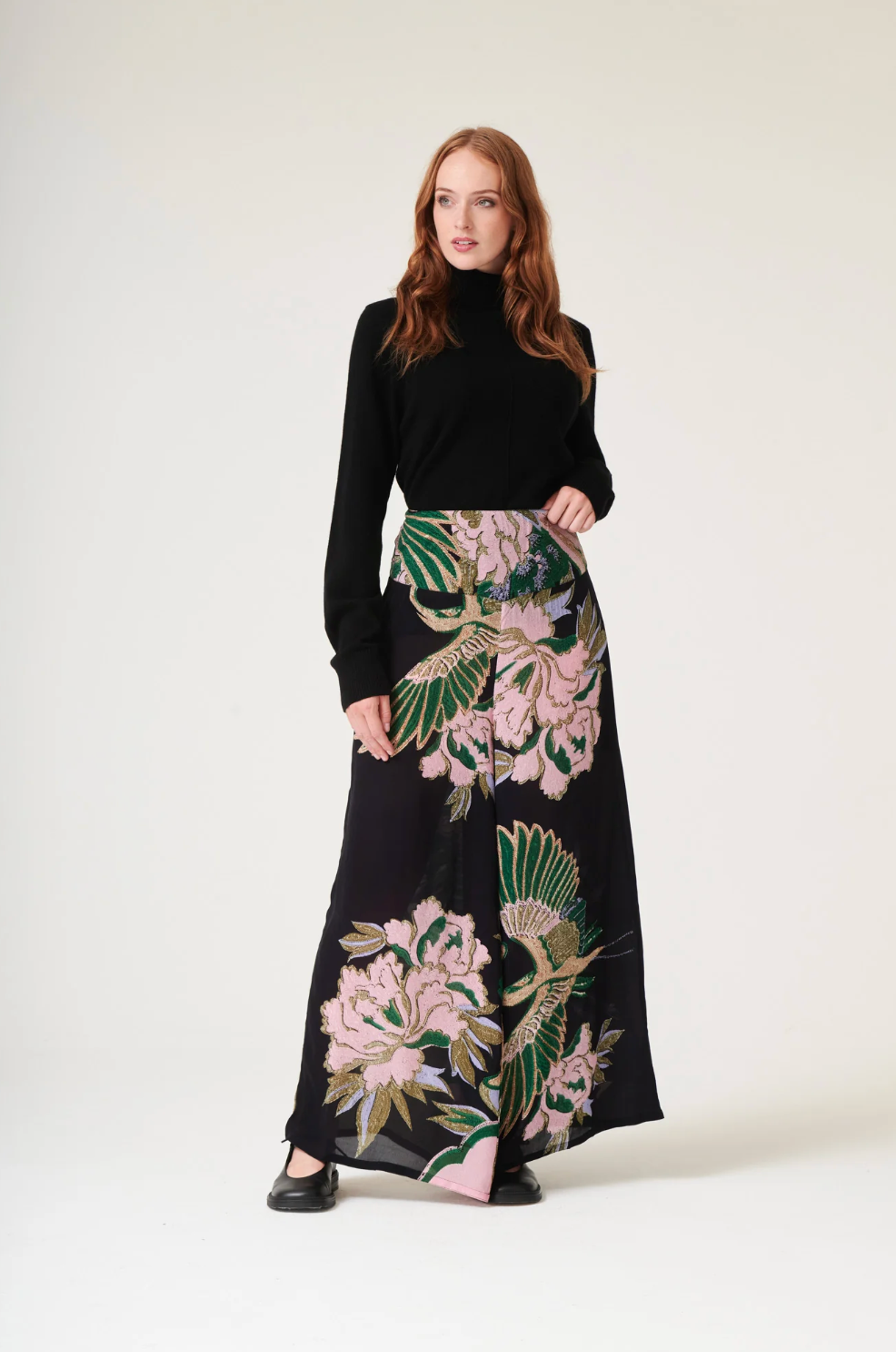 Crepe Palazzo Trousers in Emerald Crane Print by One Hundred Stars - PPCCRAEML