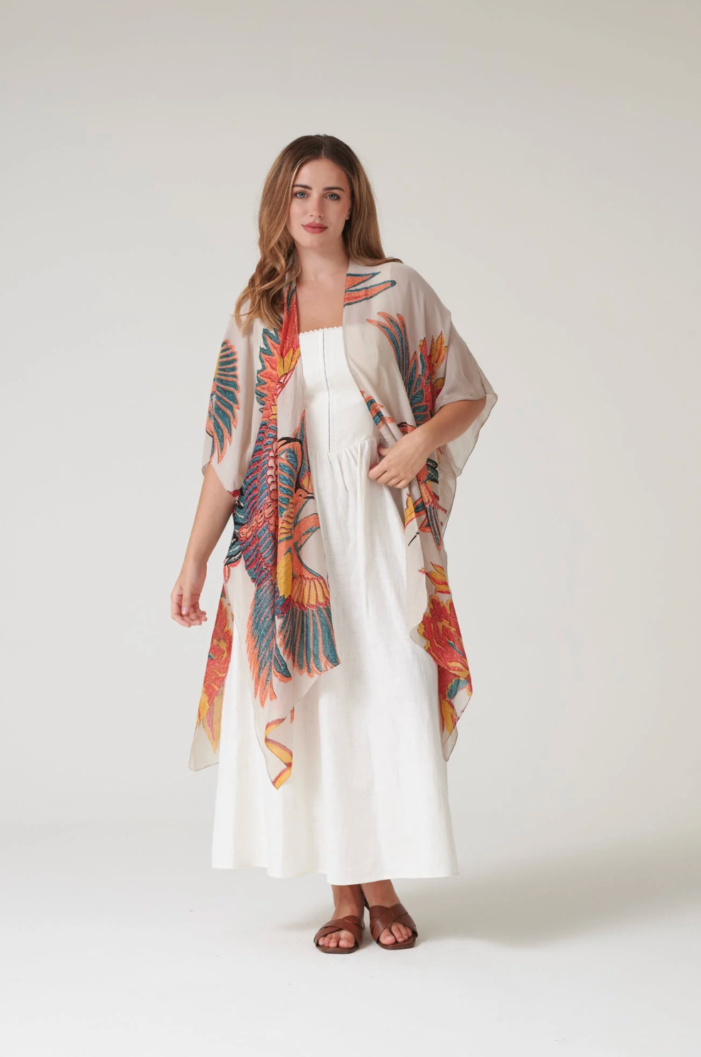 One Hundred Stars Lightweight Long Throwover Kimono Stone Crane Print - THRCRASTO