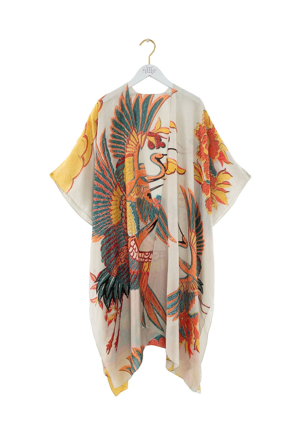 One Hundred Stars Lightweight Long Throwover Kimono Stone Crane Print - THRCRASTO