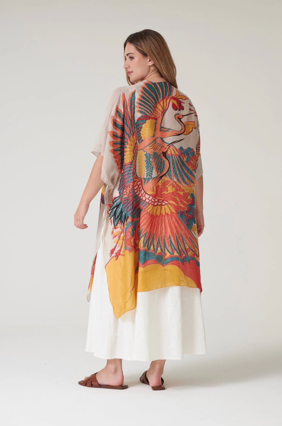 One Hundred Stars Lightweight Long Throwover Kimono Stone Crane Print - THRCRASTO
