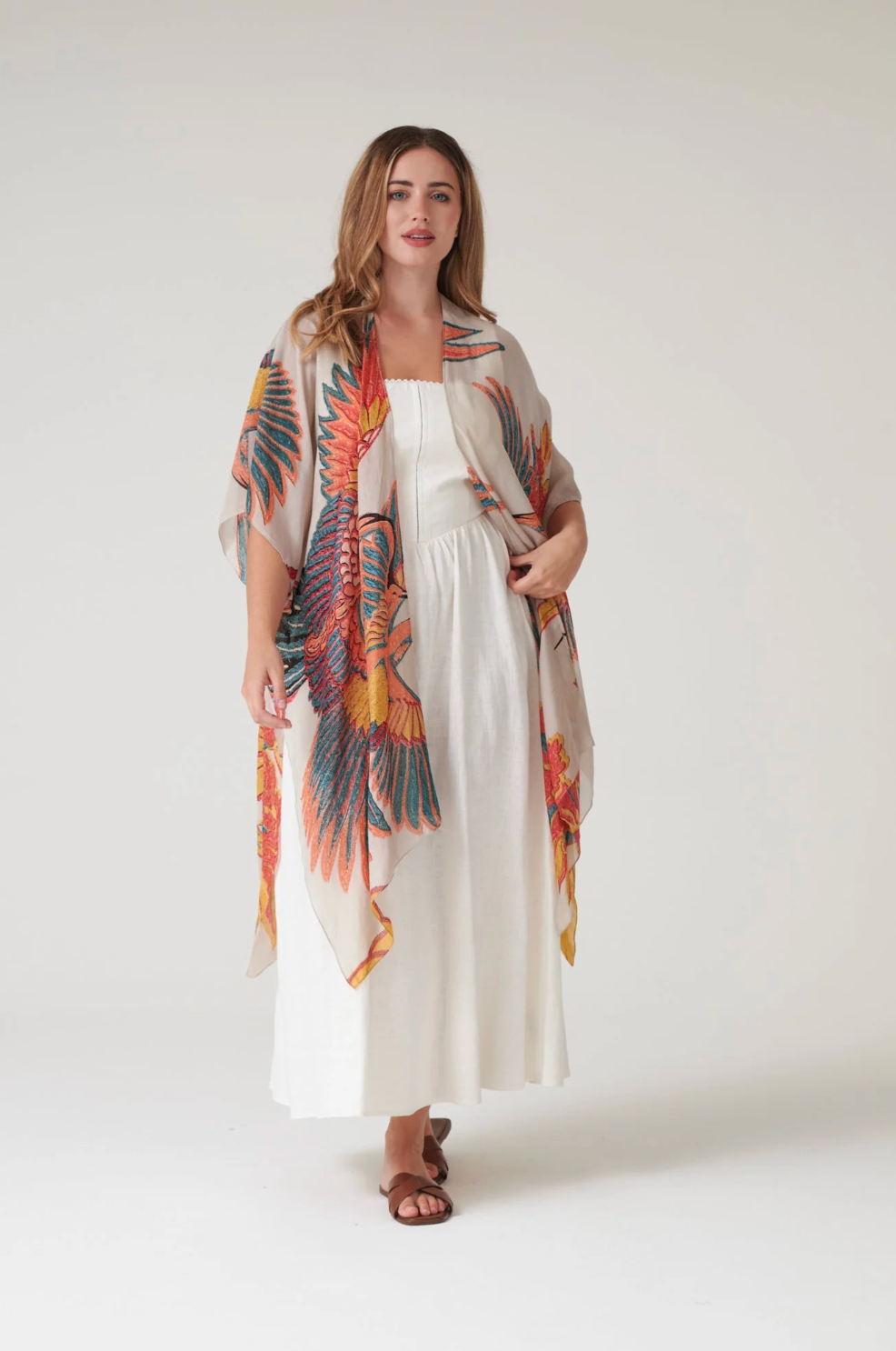 One Hundred Stars Lightweight Long Throwover Kimono Stone Crane Print - THRCRASTO