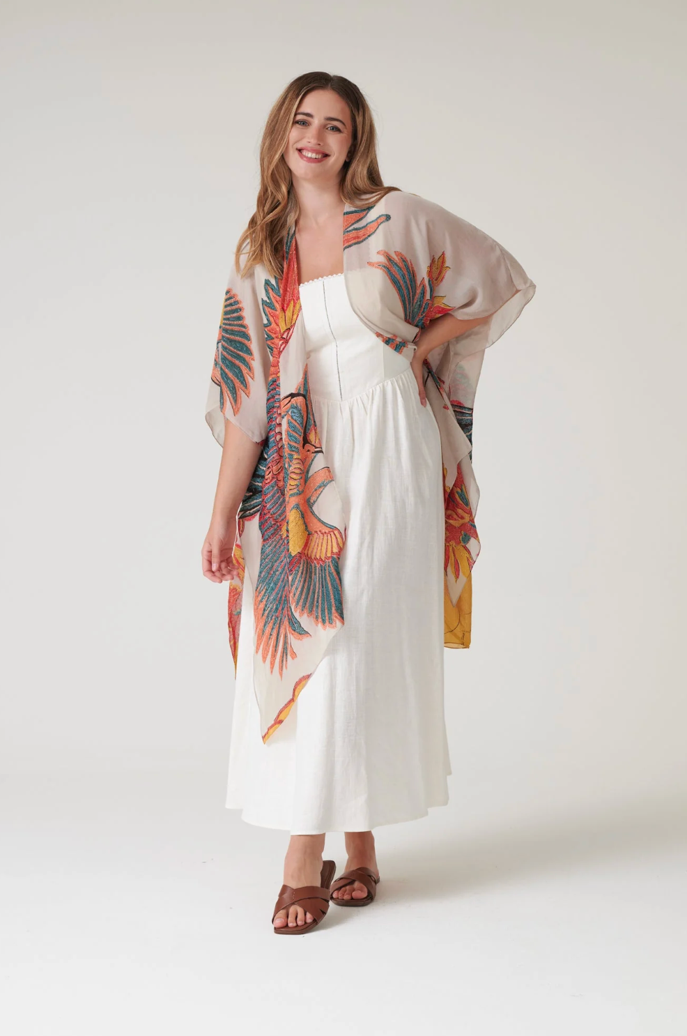 One Hundred Stars Lightweight Long Throwover Kimono Stone Crane Print - THRCRASTO