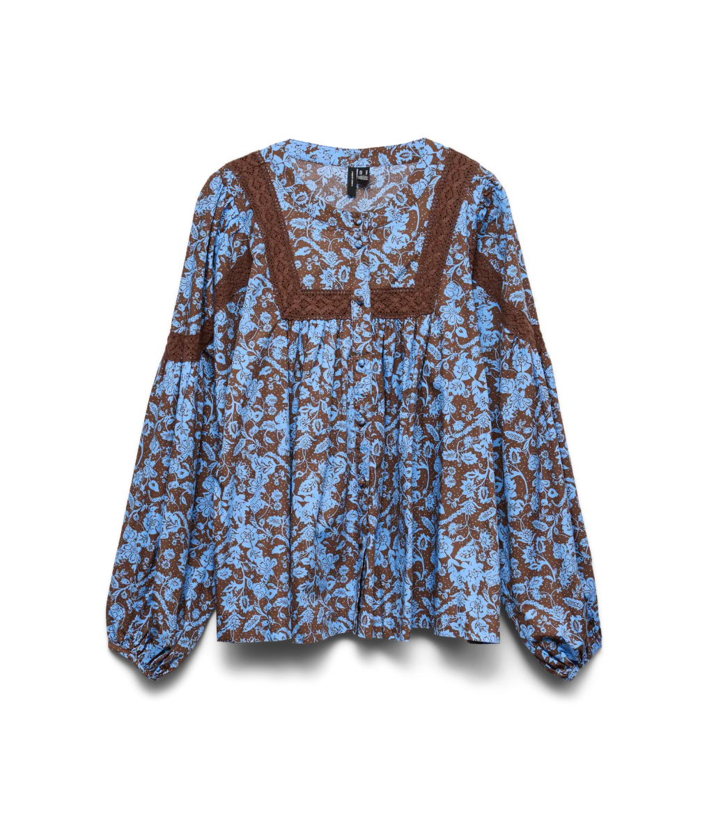 CHARLOTTE Floral Chocolate Brown, Blue and White Boho Blouse