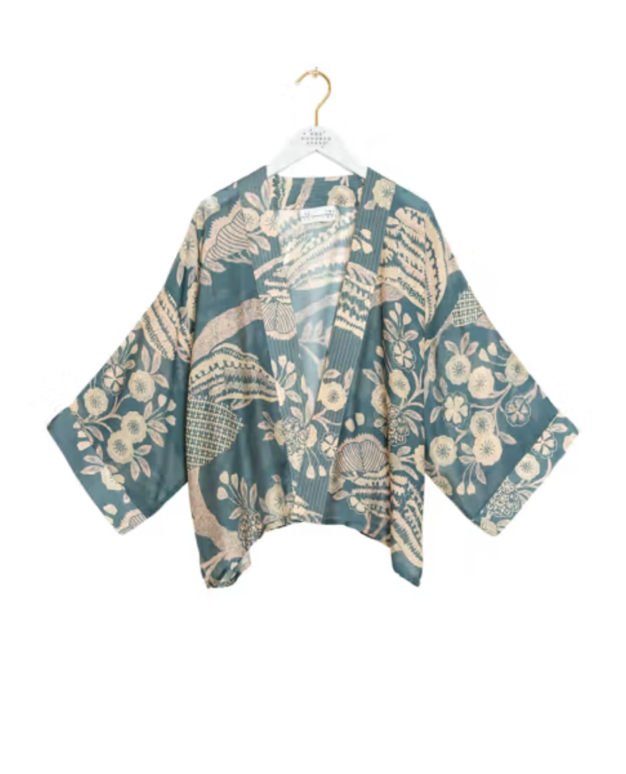 One Hundred Stars Lightweight Short Kimono in Rosa Blue Print - KIMROSBLU