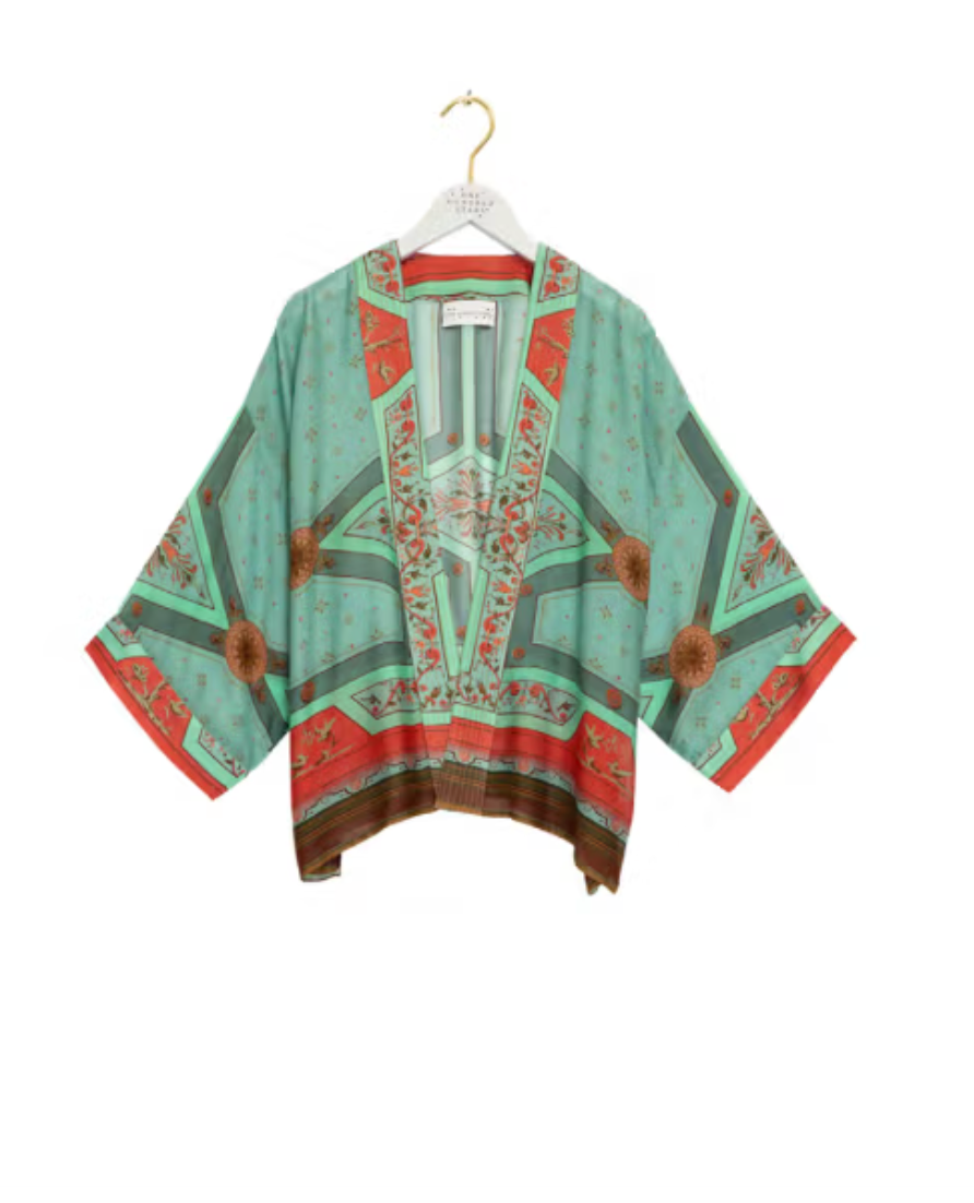 One Hundred Stars Lightweight Short Kimono in Fleur De Lys Aqua Print - KIMFDLAQA