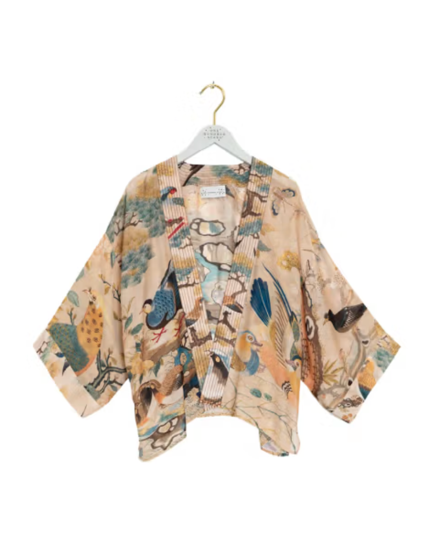 One Hundred Stars Lightweight Short Kimono in Hummingbird Nude Print - KIMHUMNUD