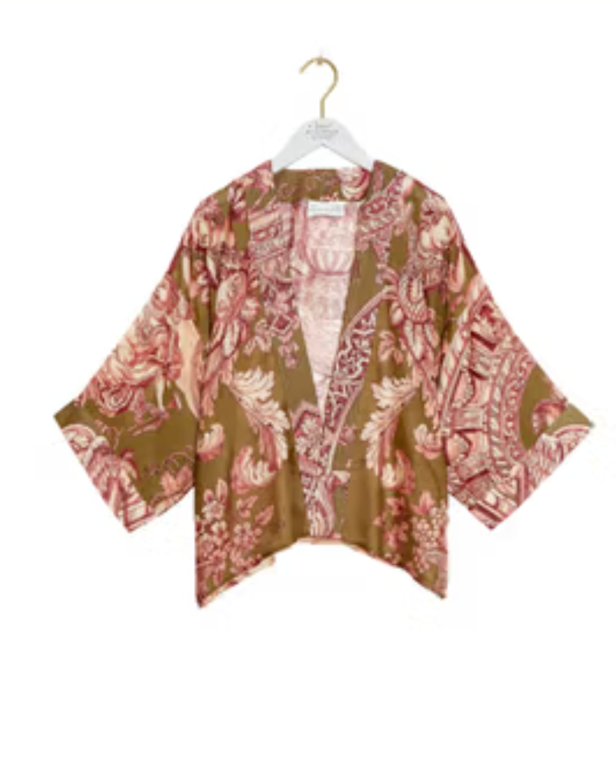 One Hundred Stars Lightweight Short Kimono in Angels Olive Print - KIMANGOLI