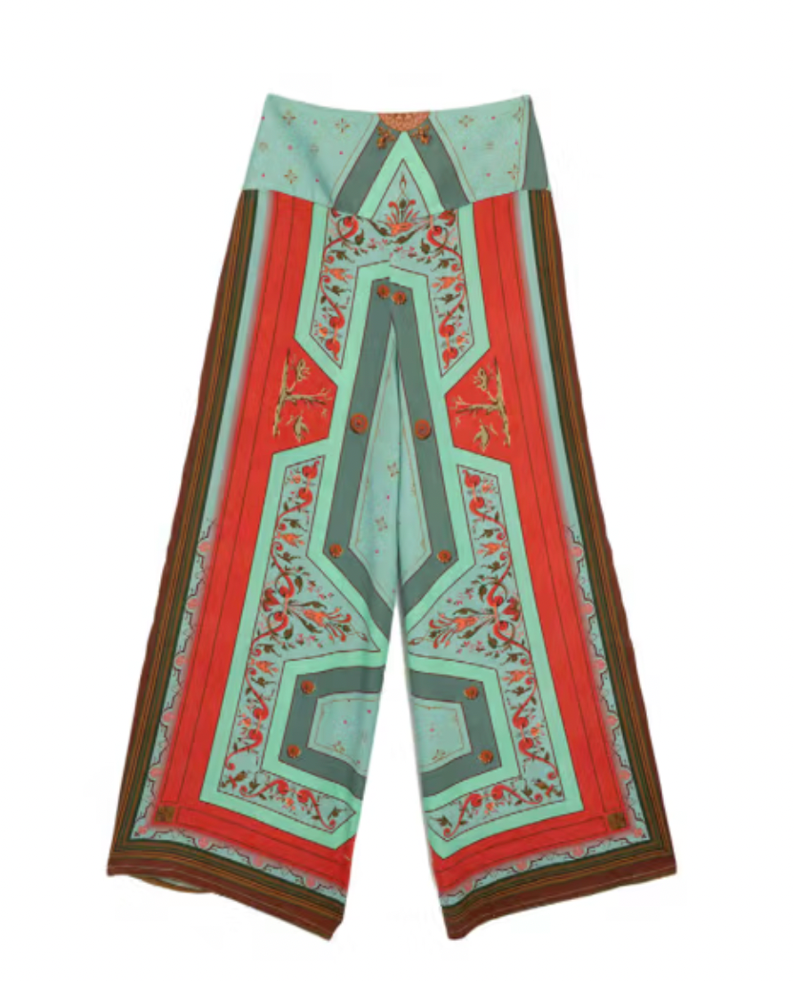 Tencel Palazzo Trousers in Aqua Fleur De Lys Print by One Hundred Stars - PPTFDLAQA