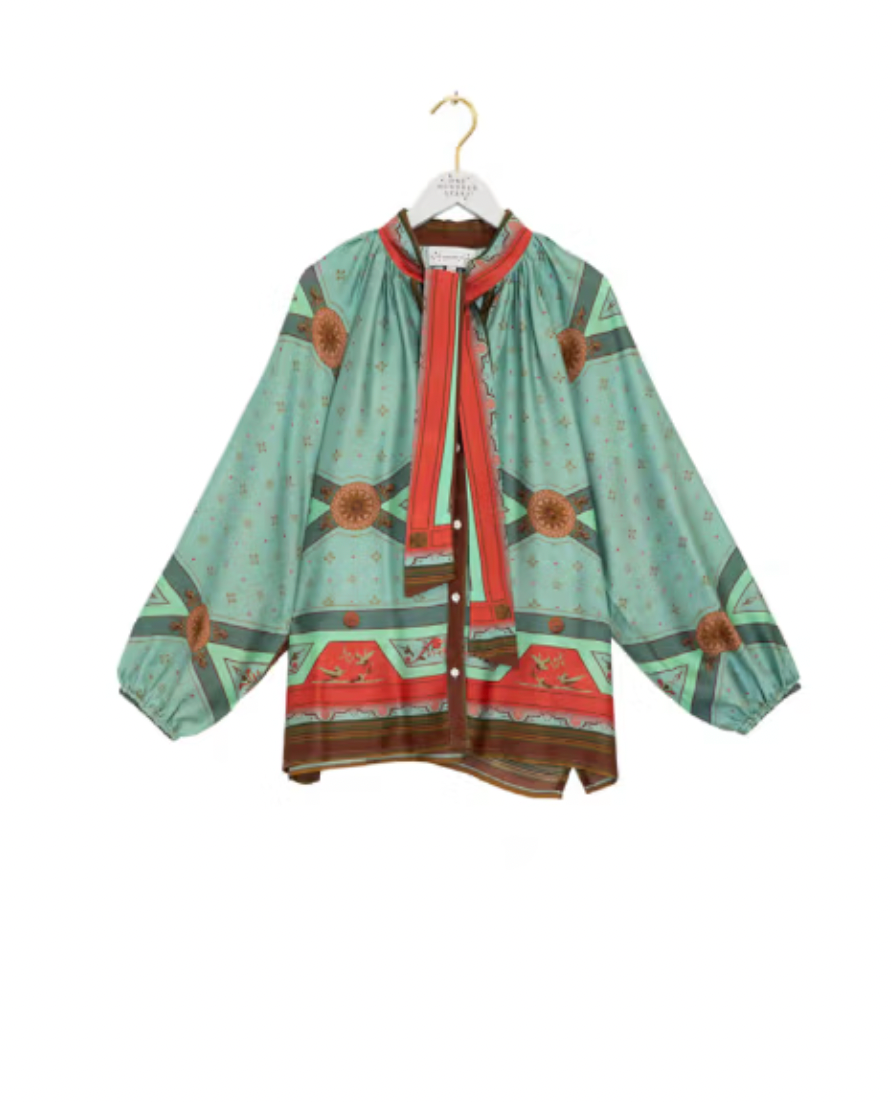 Pussybow Blouse in Aqua Fleur De Lys Print by One Hundred Stars - TPBFDLAQA
