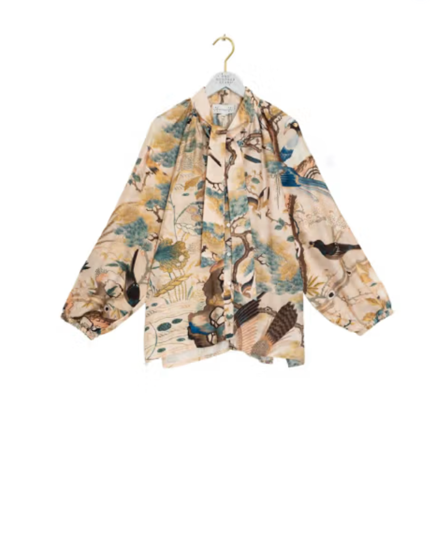 Pussybow Blouse in Nude Hummingbird Print by One Hundred Stars - TPBHUMNUD