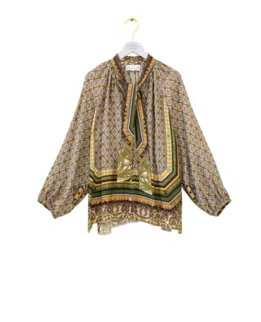 Pussybow Blouse in Green Amulet Print by One Hundred Stars - TPBAMUGRN