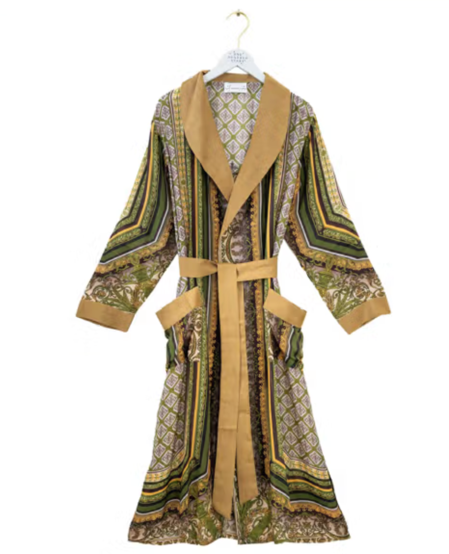 One Hundred Stars Lightweight Long Gown Kimono in Green Amulet Print - GWNAMUGRN