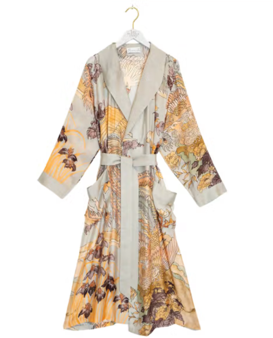 One Hundred Stars Lightweight Long Gown Kimono in Grey Pheonix Print - GWNPHOGR