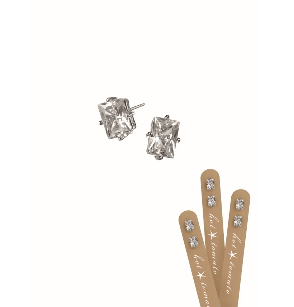 Oblong Crystal Stud Earrings in Silver - LG007