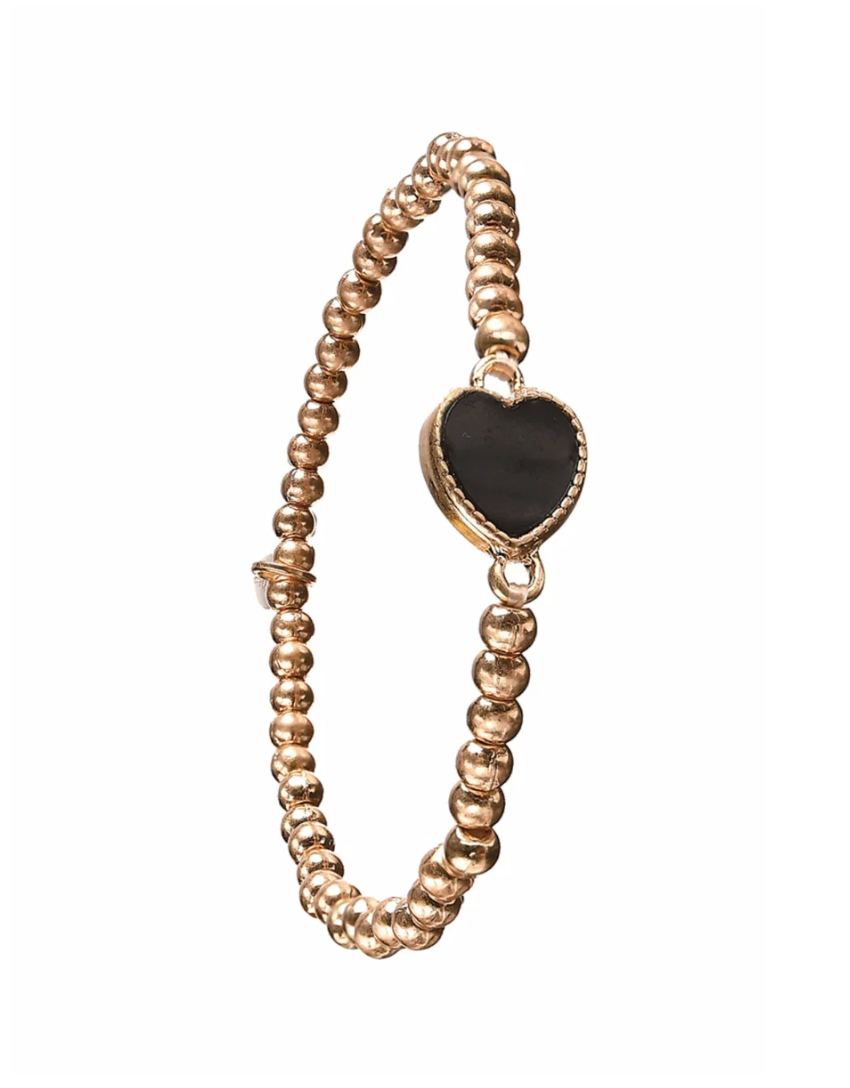 Captured Heart Beaded Stretch Bracelet in Black and Gold - SC453