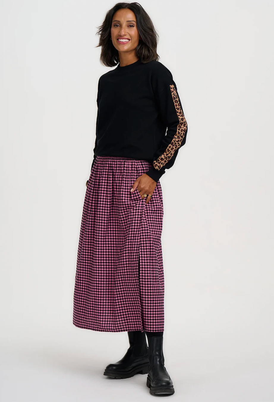 Shantessa Shirred Waist Pink Gingham Split Midi Skirt