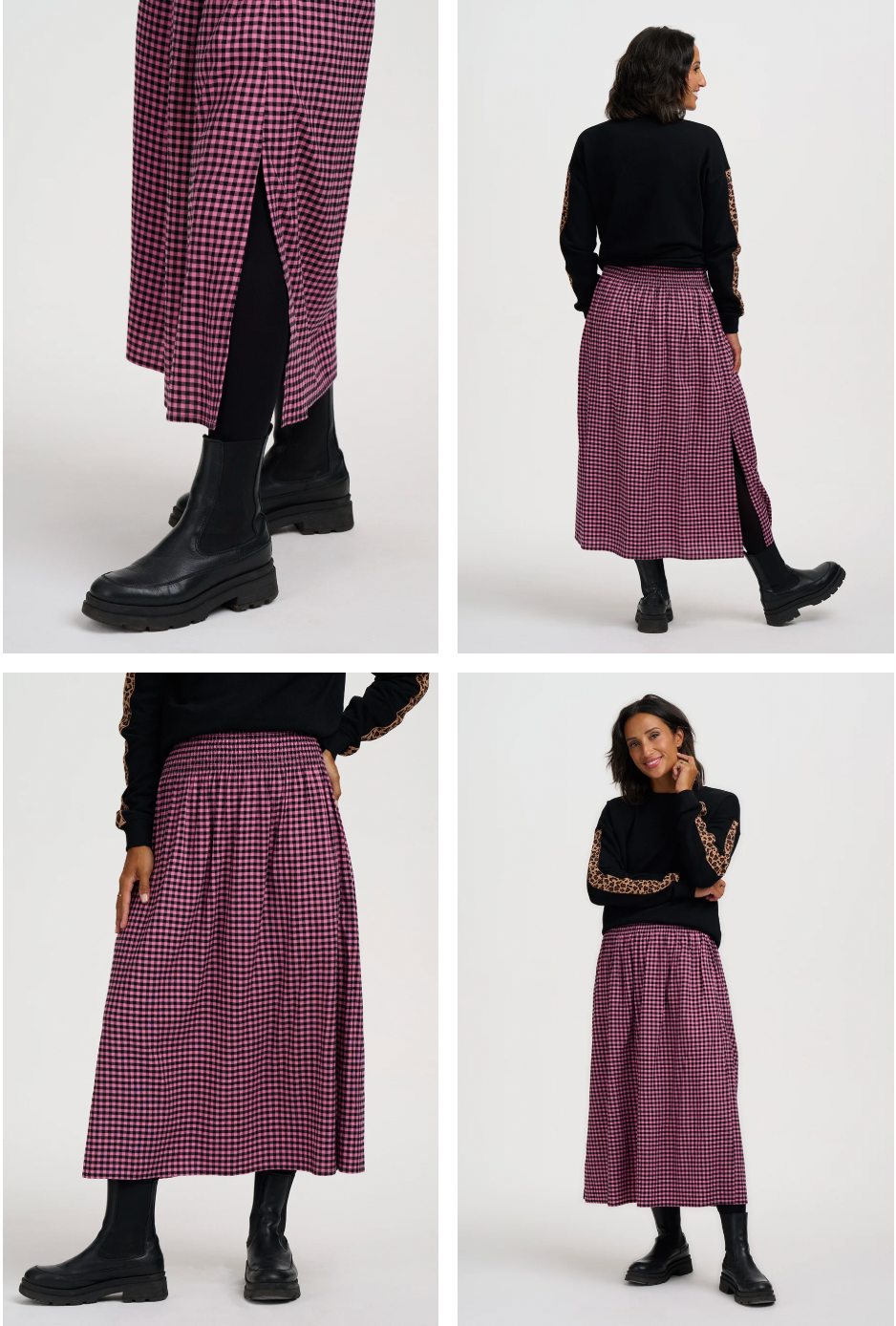 Shantessa Shirred Waist Pink Gingham Split Midi Skirt