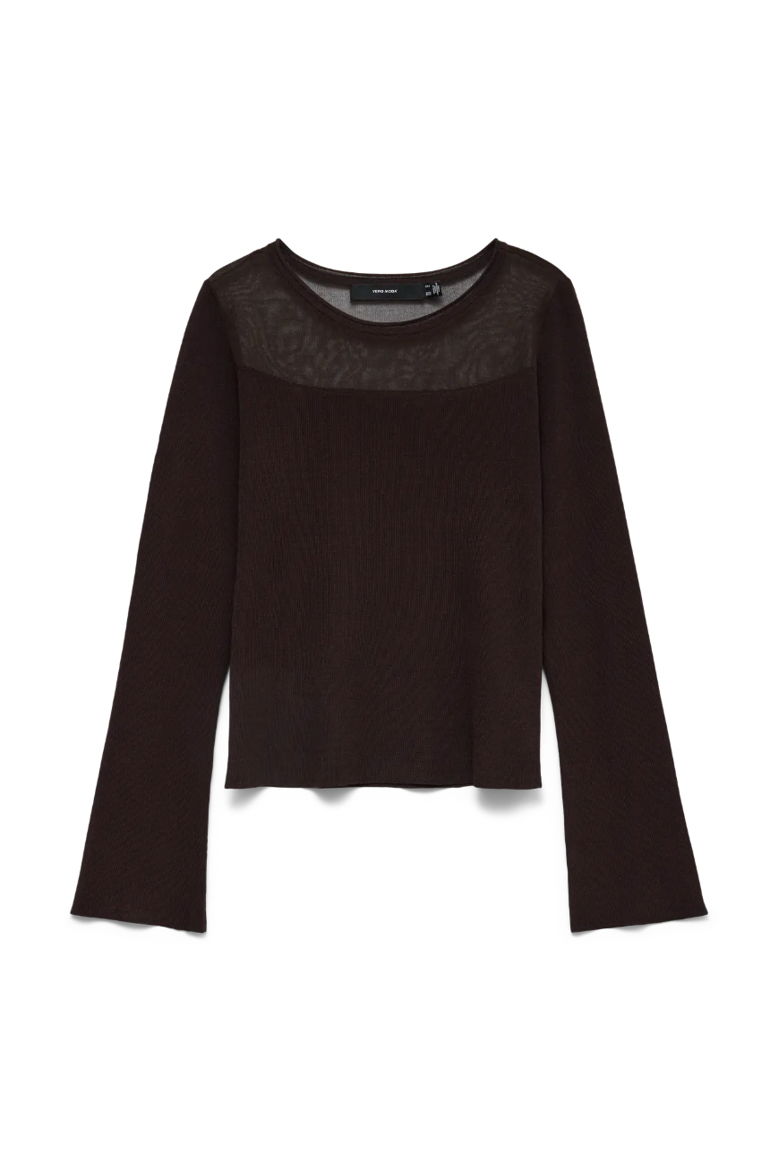 CRICKET Long Sleeve Sheer Neckline Jumper in Chocolate Brown