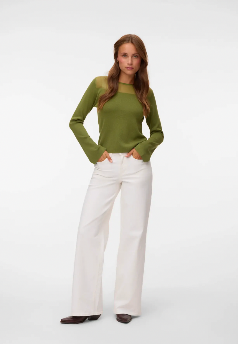 CRICKET Long Sleeve Sheer Neckline Jumper in Sphagnum Green