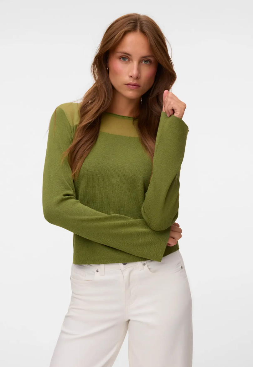 CRICKET Long Sleeve Sheer Neckline Jumper in Sphagnum Green