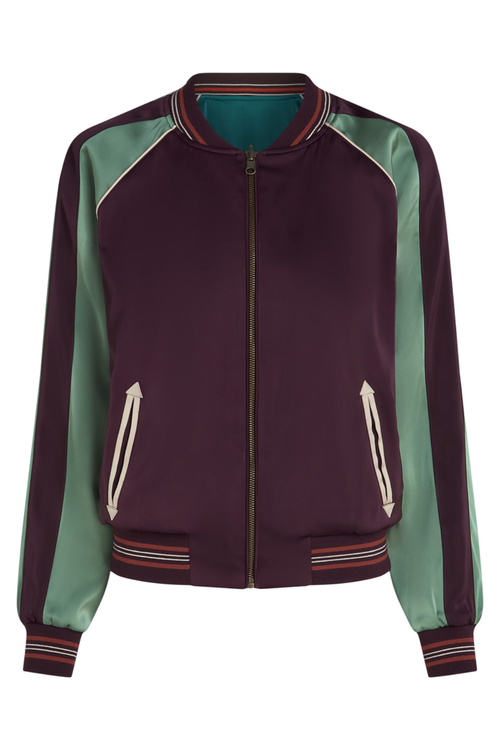 LAZOU Silky Reversible Embroidered Bomber jacket in Grape Red and Teal