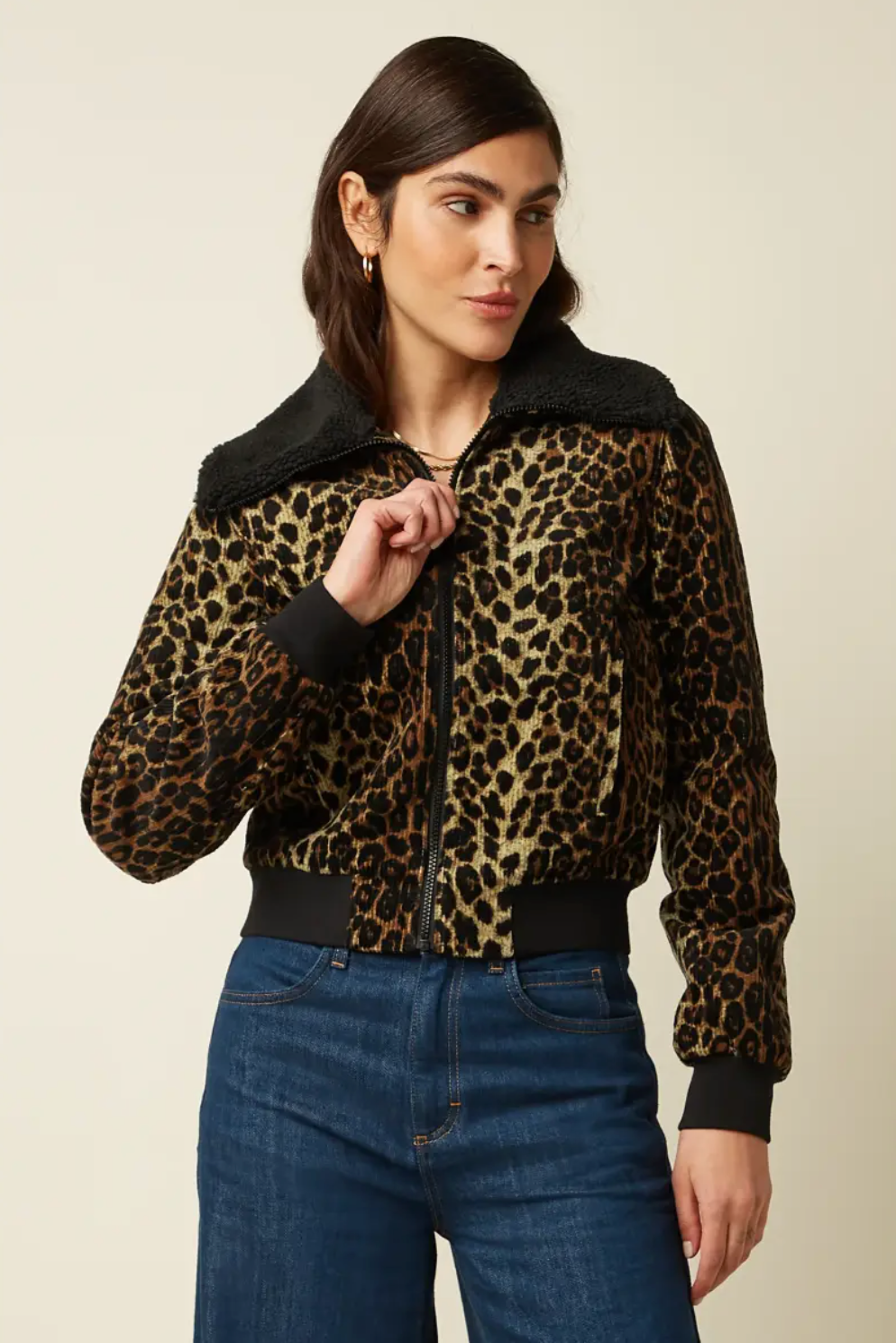 ARIZONA Leopard Print Jacket in Corduroy With Contrast Collar
