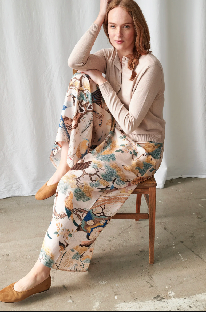 Tencel Palazzo Trousers in Hummingbird Nude Print by One Hundred Stars