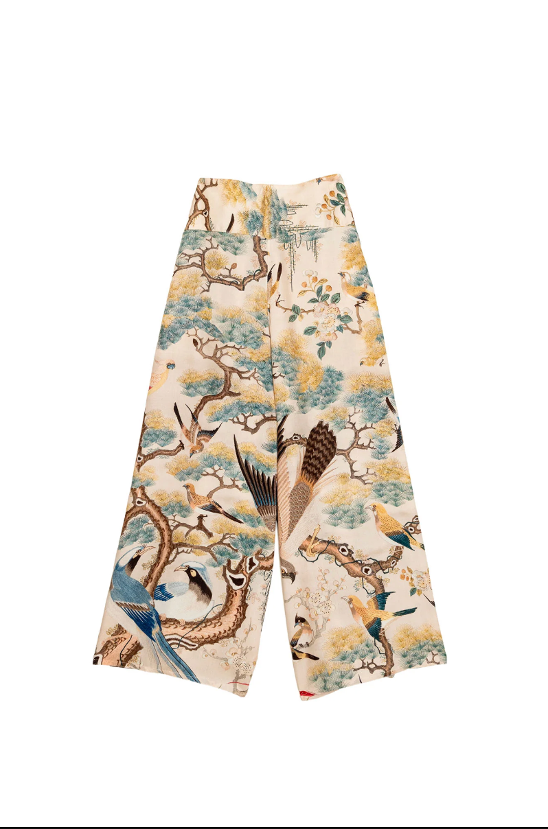 Tencel Palazzo Trousers in Hummingbird Nude Print by One Hundred Stars