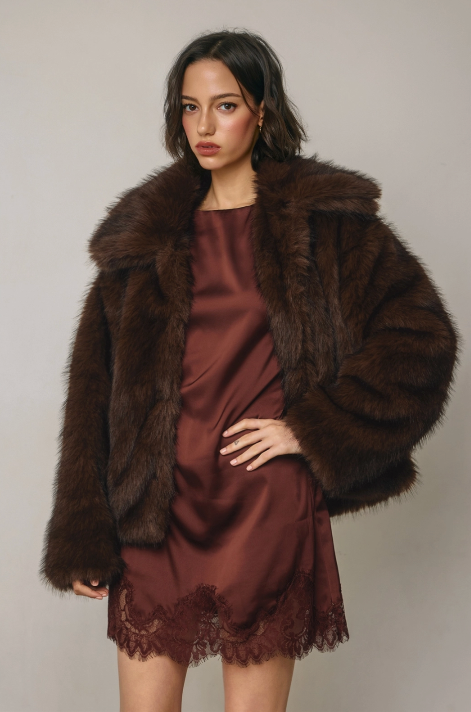 SADE Faux Fur Jacket in Chocolate Brown