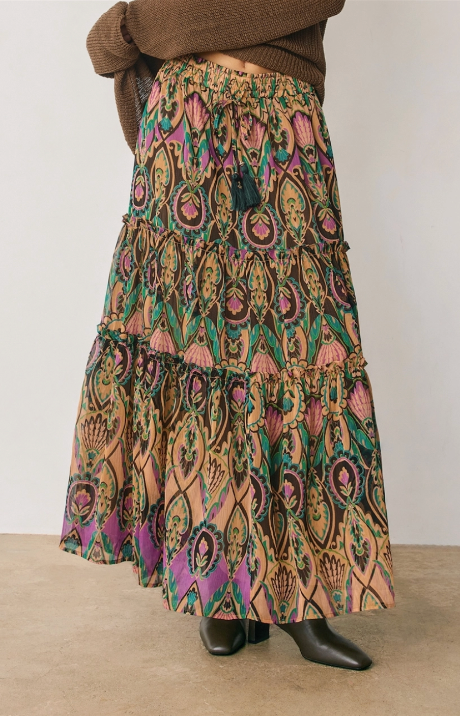 PEACOCK Jewel Boho Tiered Maxi Skirt