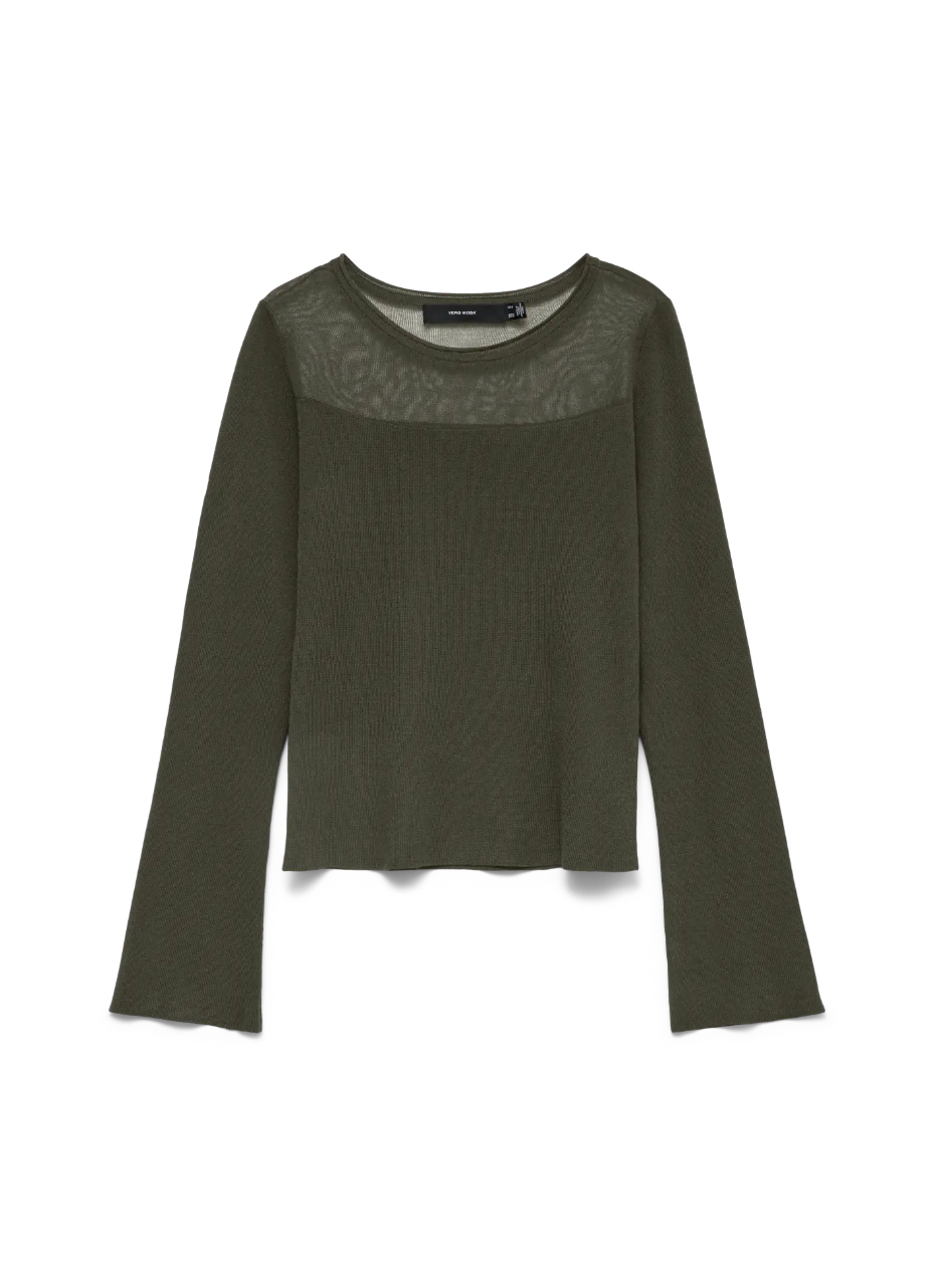 CRICKET Long Sleeve Sheer Neckline Jumper in Khaki Moss Green