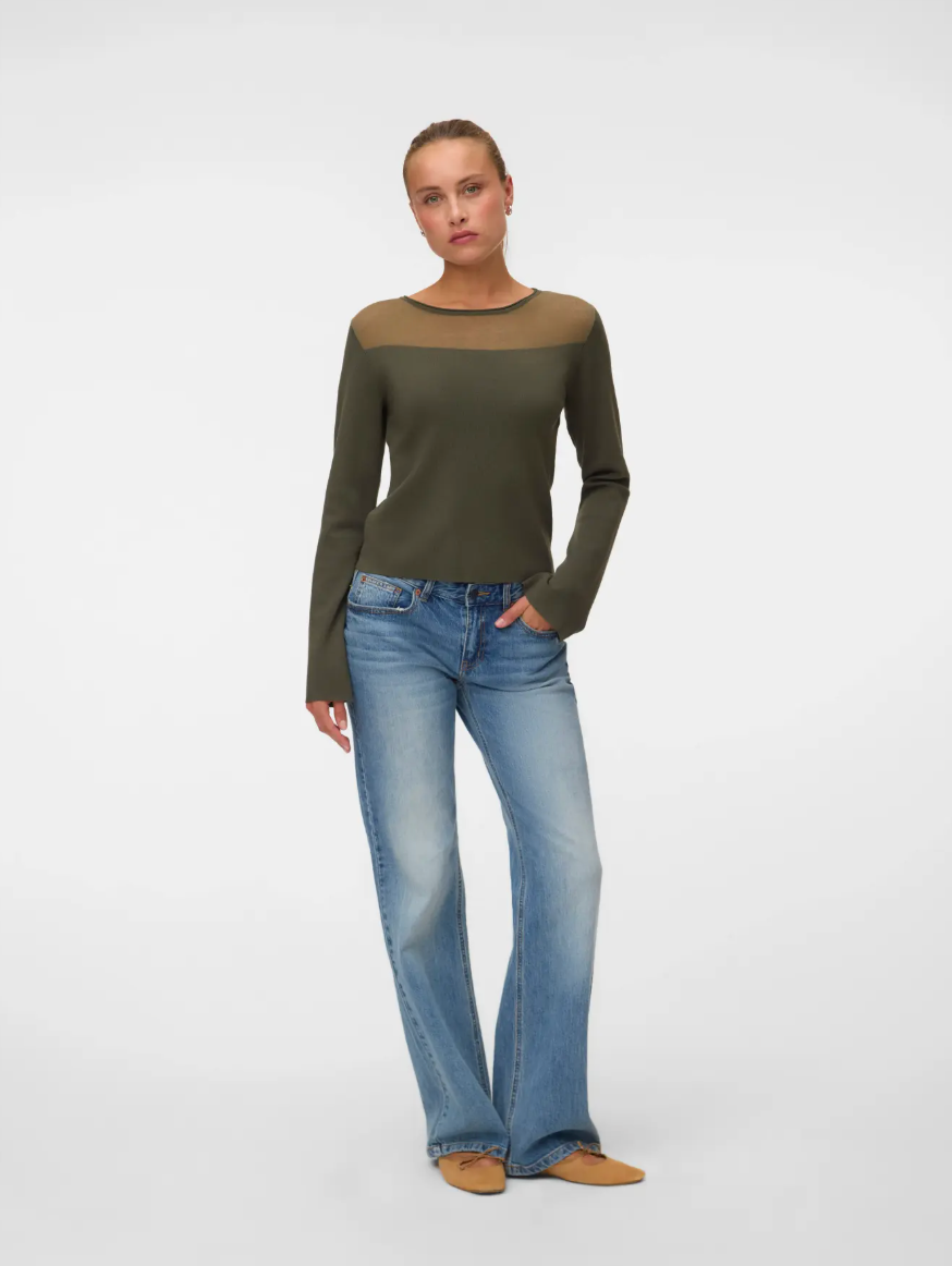 CRICKET Long Sleeve Sheer Neckline Jumper in Khaki Moss Green