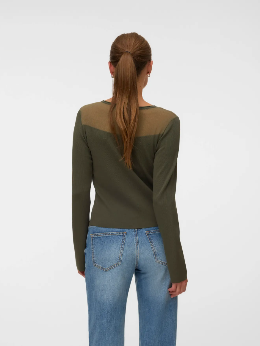 CRICKET Long Sleeve Sheer Neckline Jumper in Khaki Moss Green